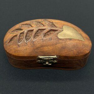 Handcrafted Wooden Keepsake Trinket Box Brass Heart Leaf Etched Made in India